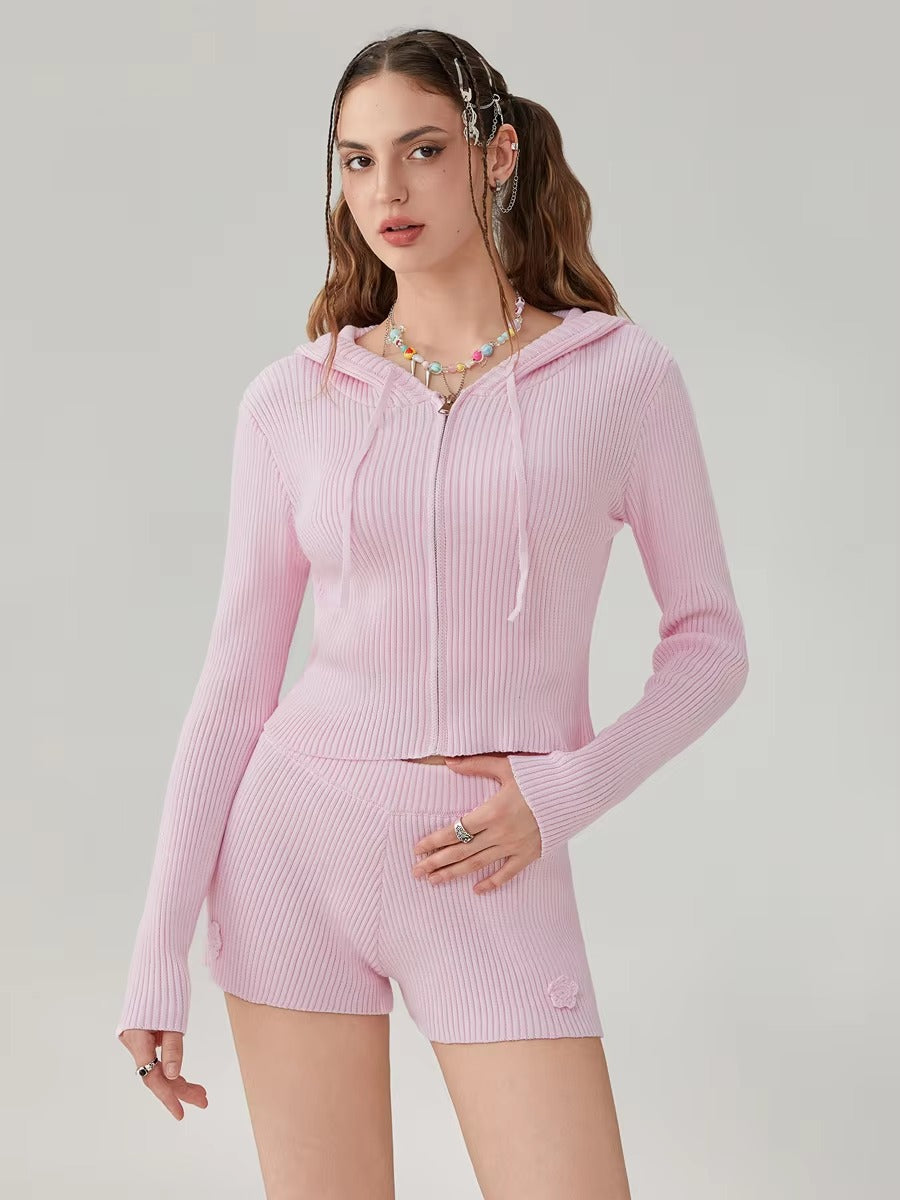 Elegant Solid Long Sleeve Hooded Zipped Sweater with Flower Shorts Mssza