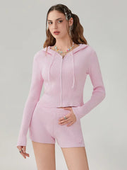 Elegant Solid Long Sleeve Hooded Zipped Sweater with Flower Shorts Mssza