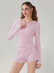 Elegant Solid Long Sleeve Hooded Zipped Sweater with Flower Shorts Mssza