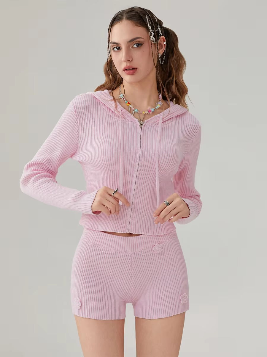 Elegant Solid Long Sleeve Hooded Zipped Sweater with Flower Shorts Mssza