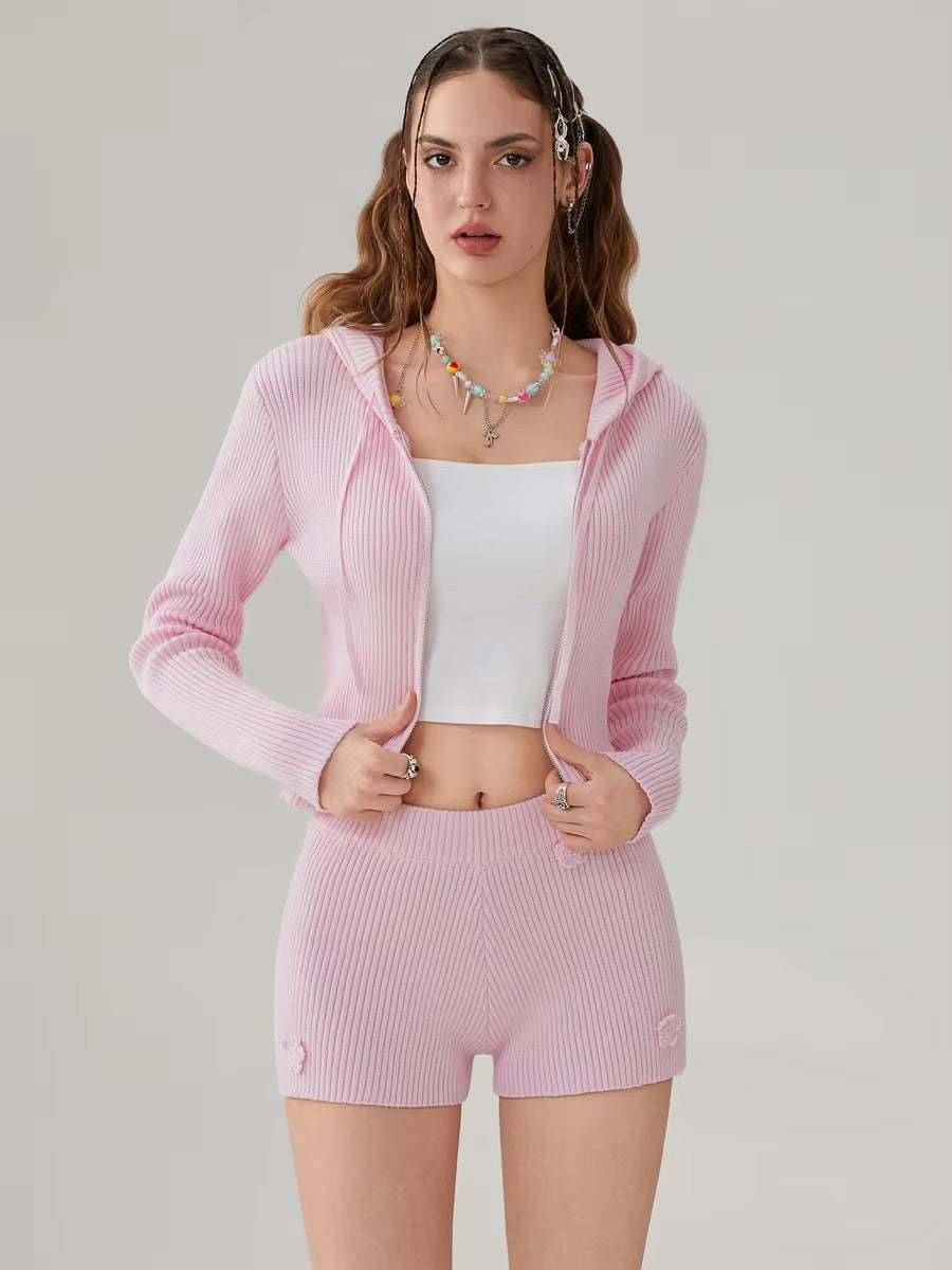 Elegant Solid Long Sleeve Hooded Zipped Sweater with Flower Shorts Mssza