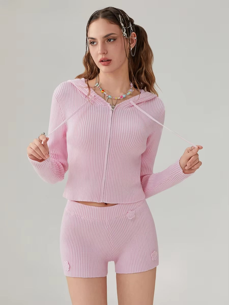 Elegant Solid Long Sleeve Hooded Zipped Sweater with Flower Shorts Mssza
