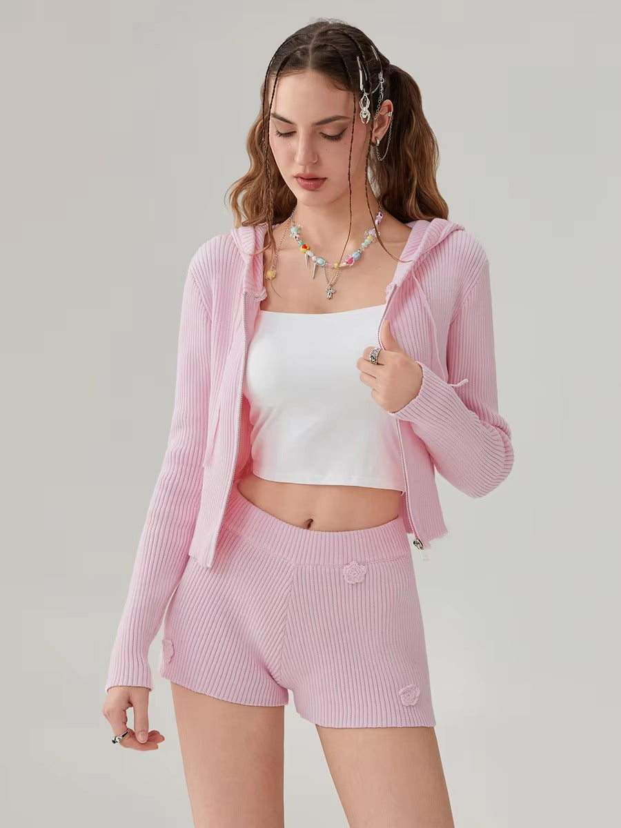 Elegant Solid Long Sleeve Hooded Zipped Sweater with Flower Shorts Mssza