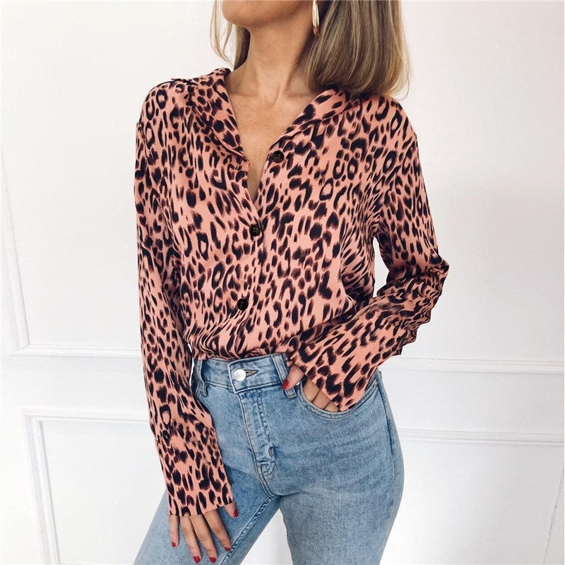 Long Sleeve Leopard Print Turn-Down Collar Shirt Mssza