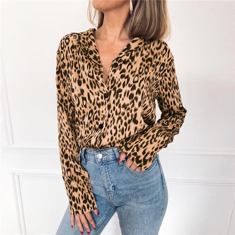 Long Sleeve Leopard Print Turn-Down Collar Shirt Mssza