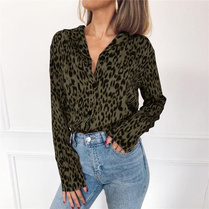 Long Sleeve Leopard Print Turn-Down Collar Shirt Mssza