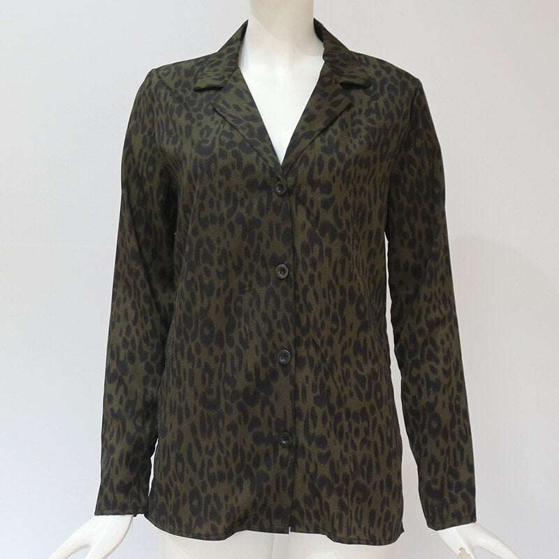 Long Sleeve Leopard Print Turn-Down Collar Shirt Mssza