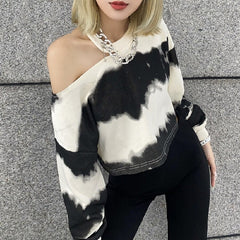 Long Sleeve Off-The-Shoulder Round Neck Hip Hop Style Crop Top Mssza