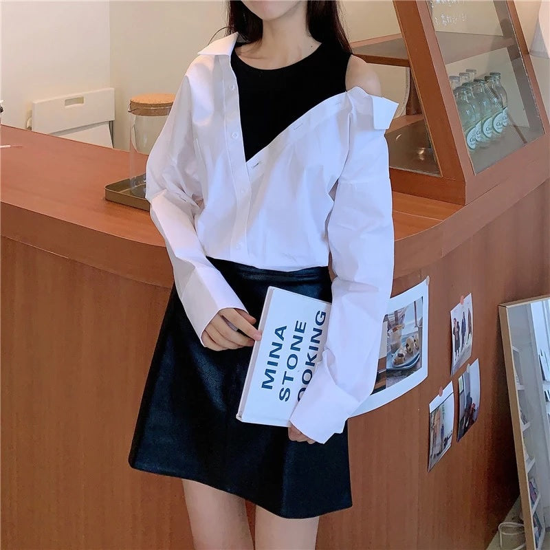 Long Sleeve Patchwork Open Shoulder Blouse Mssza