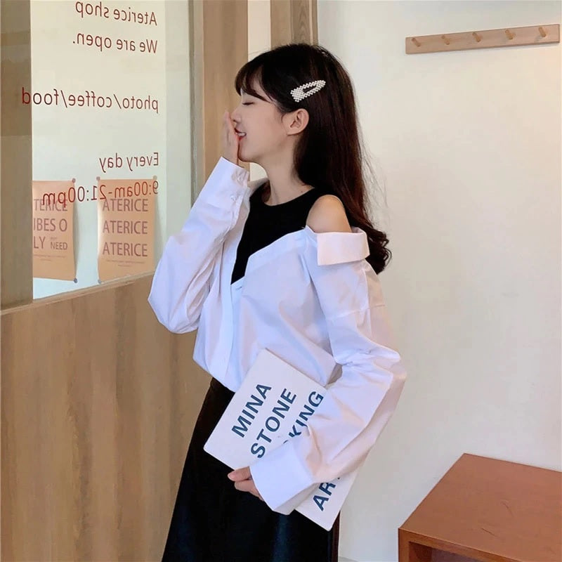 Long Sleeve Patchwork Open Shoulder Blouse Mssza