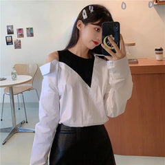Long Sleeve Patchwork Open Shoulder Blouse Mssza