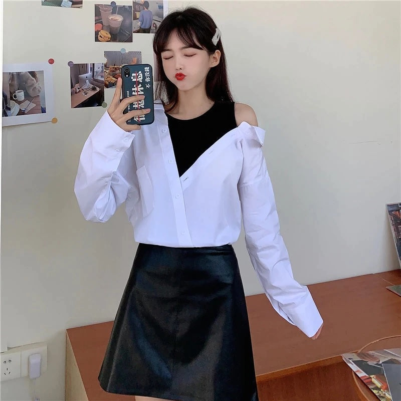 Long Sleeve Patchwork Open Shoulder Blouse Mssza