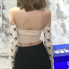 Long Sleeve Strapless Patchwork Crop Top Mssza