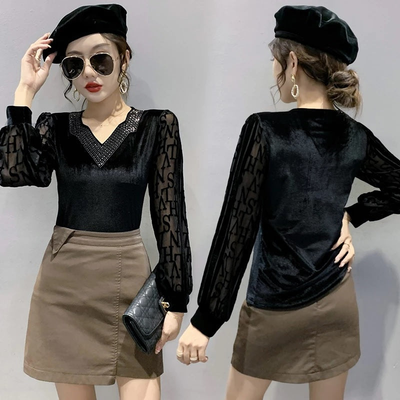 Long Sleeve V-Neck Hollow Mesh Patchwork Tops Blouse Mssza