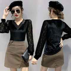 Long Sleeve V-Neck Hollow Mesh Patchwork Tops Blouse Mssza