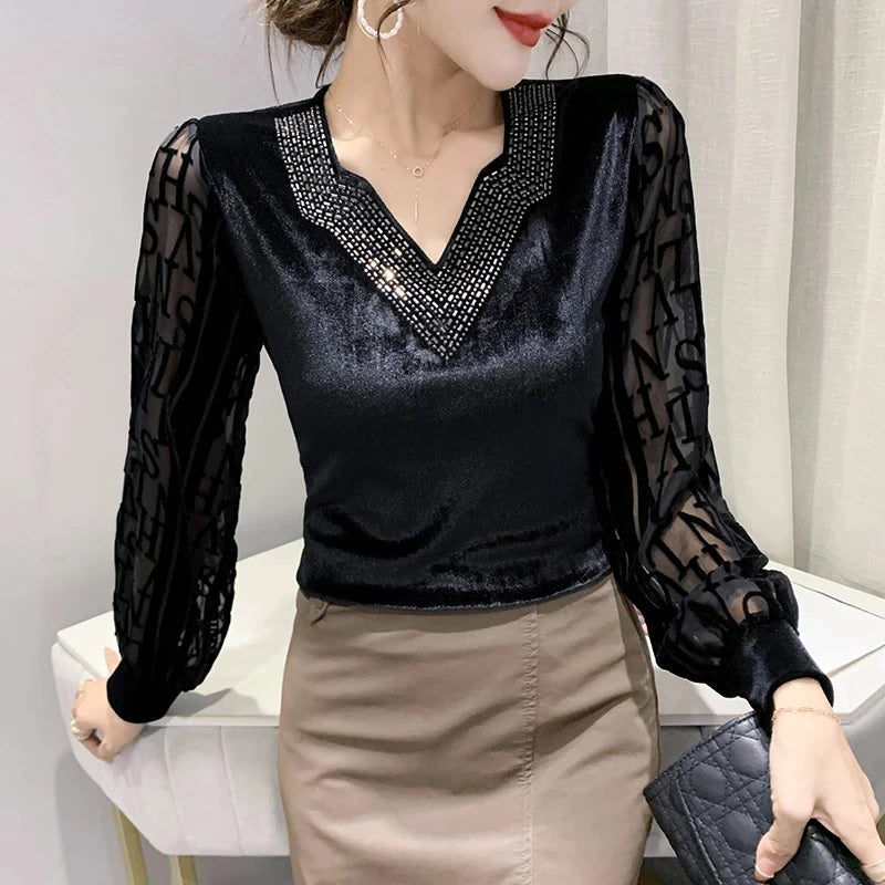 Long Sleeve V-Neck Hollow Mesh Patchwork Tops Blouse Mssza