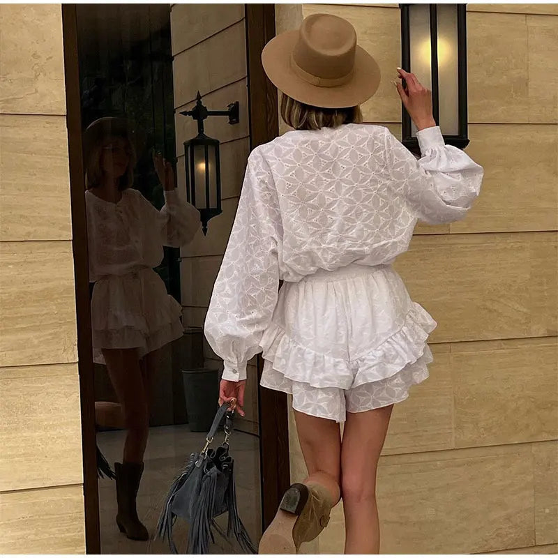 Sleeved Shirt Shorts Sets  Stand Collar Single Breasted White Blouse Suits Casual Vacation Mini Dress Mssaz Desses