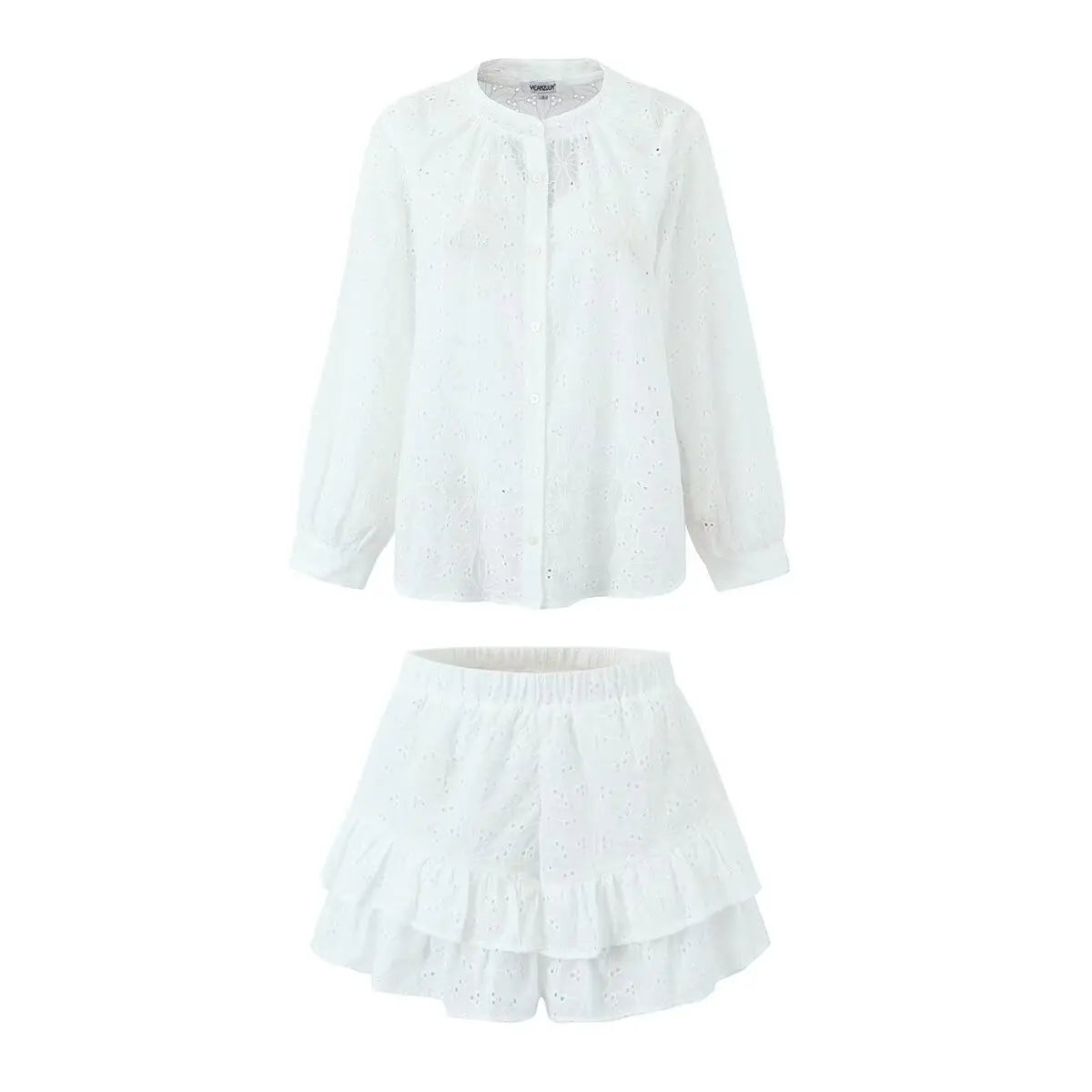 Sleeved Shirt Shorts Sets  Stand Collar Single Breasted White Blouse Suits Casual Vacation Mini Dress Mssaz Desses
