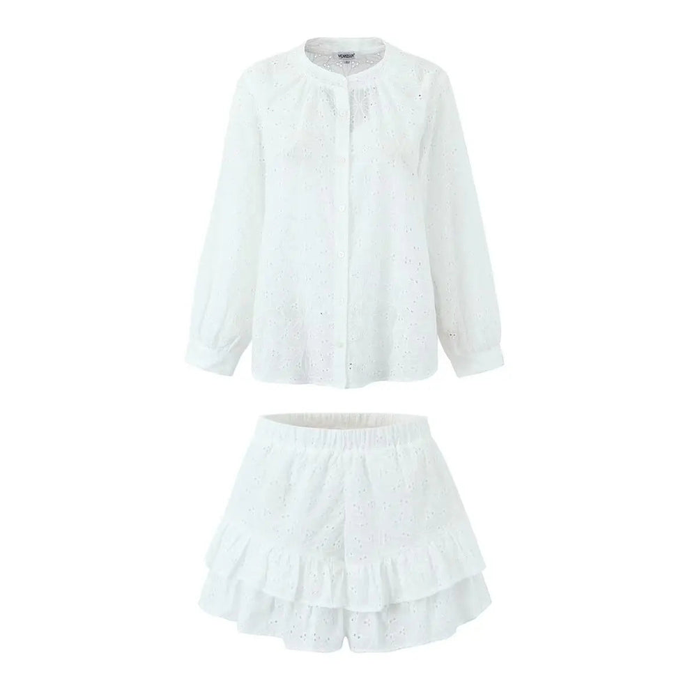 Sleeved Shirt Shorts Sets  Stand Collar Single Breasted White Blouse Suits Casual Vacation Mini Dress Mssaz Desses