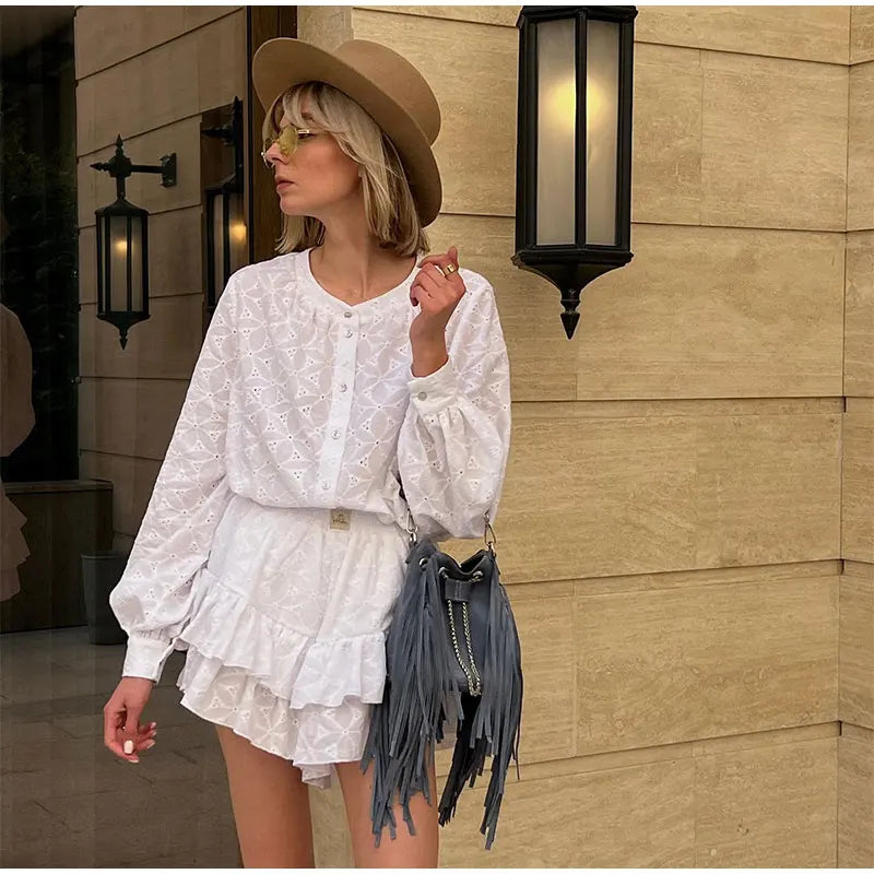 Sleeved Shirt Shorts Sets  Stand Collar Single Breasted White Blouse Suits Casual Vacation Mini Dress Mssaz Desses