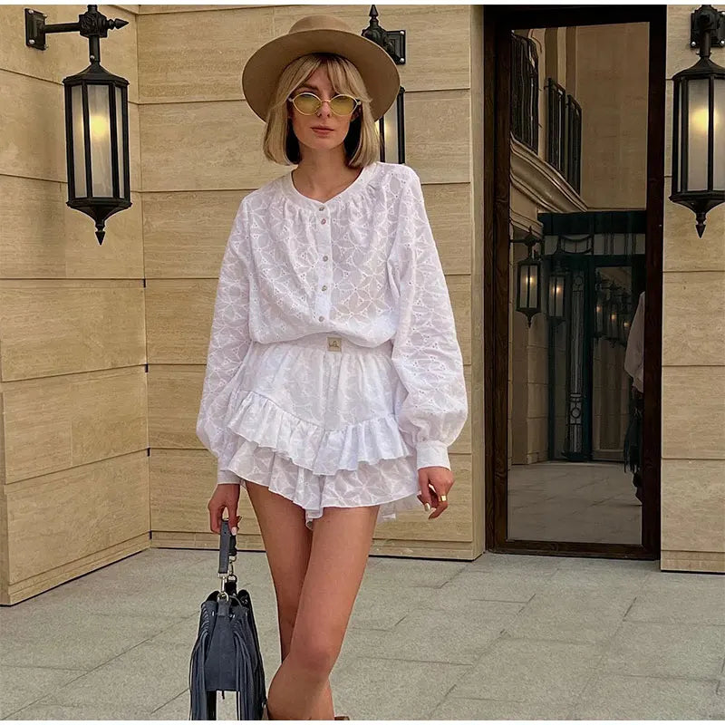 Sleeved Shirt Shorts Sets  Stand Collar Single Breasted White Blouse Suits Casual Vacation Mini Dress Mssaz Desses