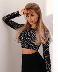 Long Sleeved Studded Top Bandaged Short 2 Piece Suit Mssza