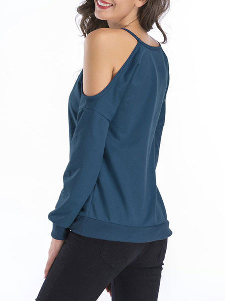 Long Sleeves Cut Out Open Shoulder Jewel Neck Cotton Top Mssza