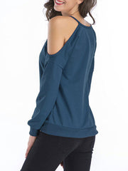 Long Sleeves Cut Out Open Shoulder Jewel Neck Cotton Top Mssza