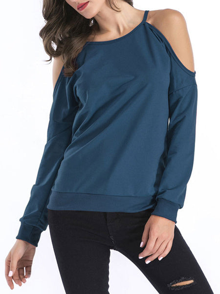 Long Sleeves Cut Out Open Shoulder Jewel Neck Cotton Top Mssza