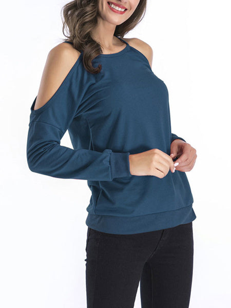 Long Sleeves Cut Out Open Shoulder Jewel Neck Cotton Top Mssza