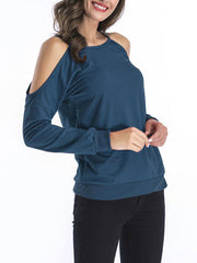Long Sleeves Cut Out Open Shoulder Jewel Neck Cotton Top Mssza
