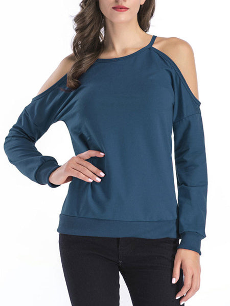 Long Sleeves Cut Out Open Shoulder Jewel Neck Cotton Top Mssza