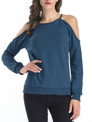 Long Sleeves Cut Out Open Shoulder Jewel Neck Cotton Top Mssza