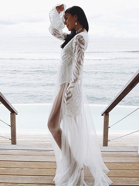 Long Sleeves V Neck Polyester Floor Length Maxi Dresses Mssza