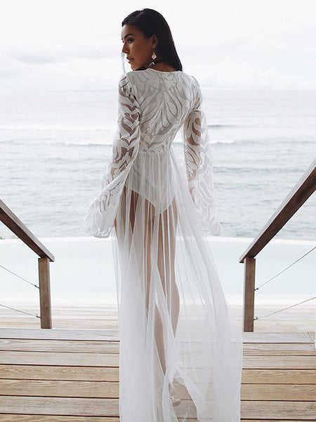 Long Sleeves V Neck Polyester Floor Length Maxi Dresses Mssza