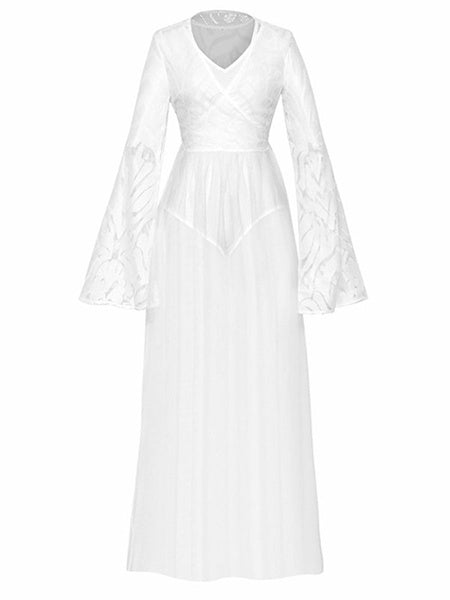 Long Sleeves V Neck Polyester Floor Length Maxi Dresses Mssza