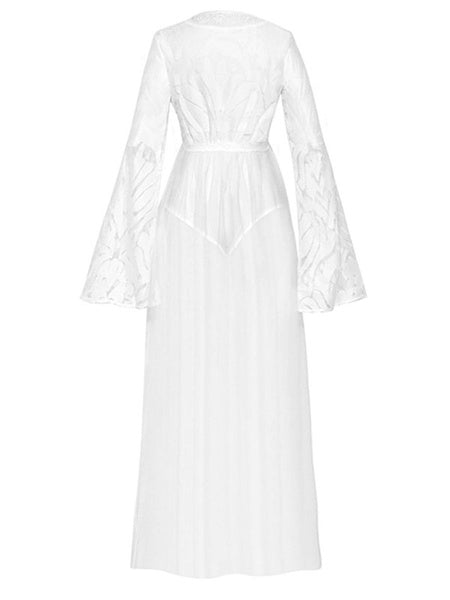 Long Sleeves V Neck Polyester Floor Length Maxi Dresses Mssza