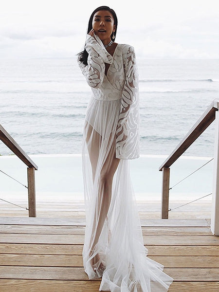 Long Sleeves V Neck Polyester Floor Length Maxi Dresses Mssza