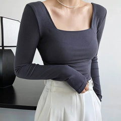 Long-sleeved square-neck t-shirt slim-fit exposed collarbone low-neck bottoming shirt Mssza