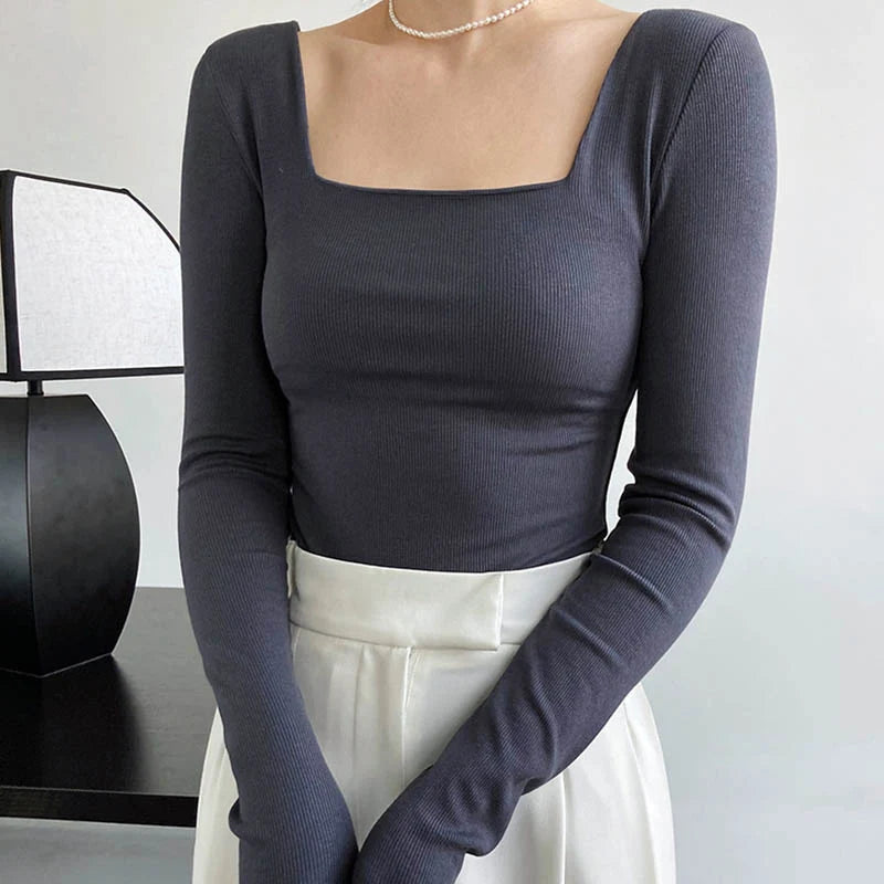 Long-sleeved square-neck t-shirt slim-fit exposed collarbone low-neck bottoming shirt Mssza