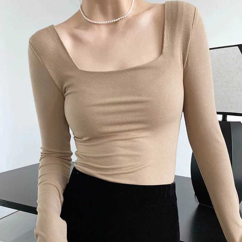 Long-sleeved square-neck t-shirt slim-fit exposed collarbone low-neck bottoming shirt Mssza