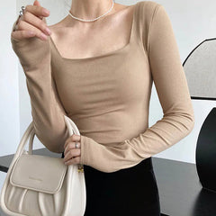 Long-sleeved square-neck t-shirt slim-fit exposed collarbone low-neck bottoming shirt Mssza
