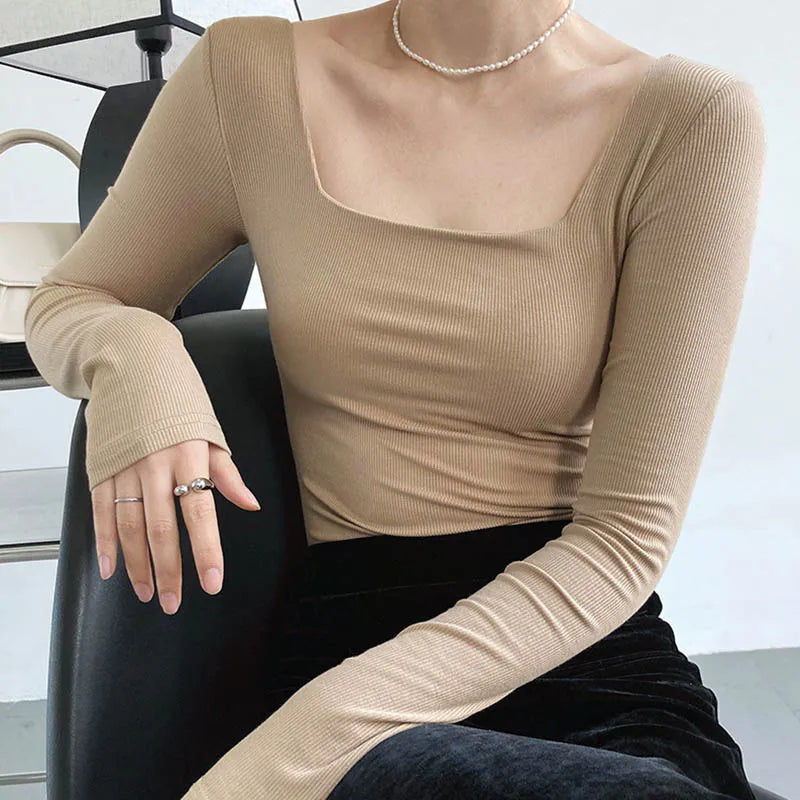 Long-sleeved square-neck t-shirt slim-fit exposed collarbone low-neck bottoming shirt Mssza