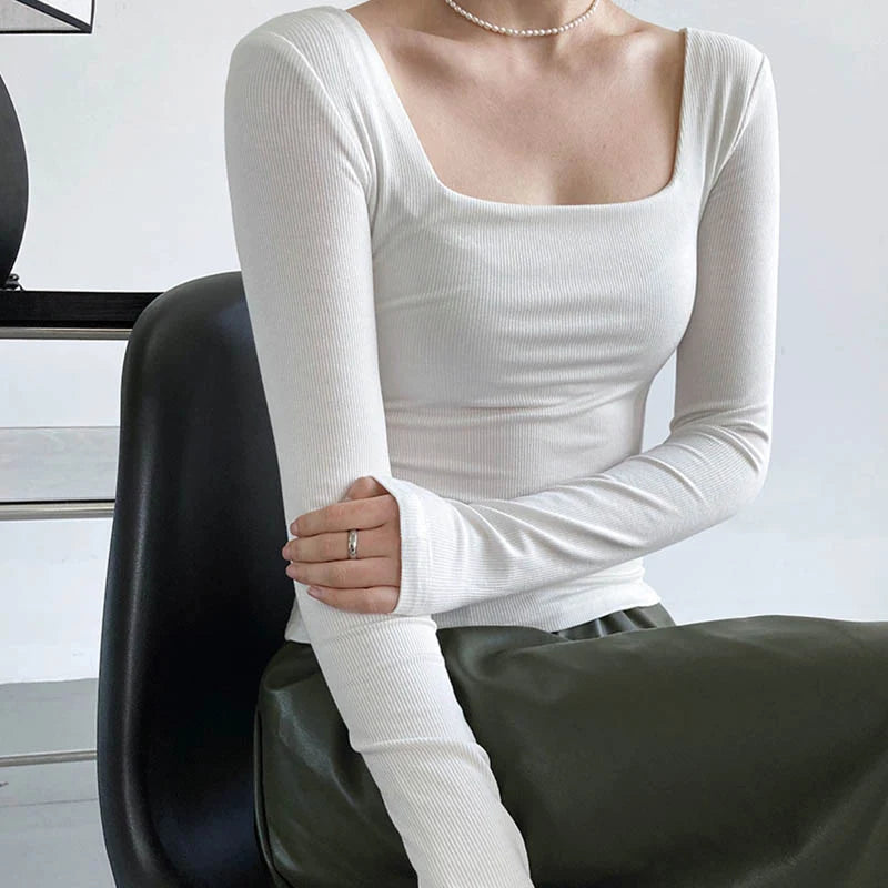 Long-sleeved square-neck t-shirt slim-fit exposed collarbone low-neck bottoming shirt Mssza