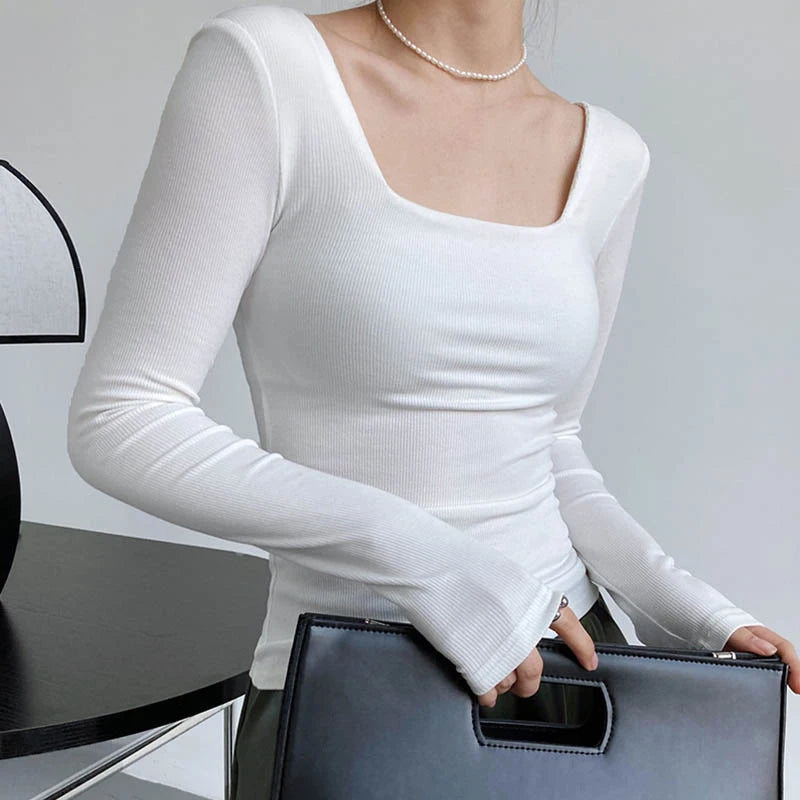 Long-sleeved square-neck t-shirt slim-fit exposed collarbone low-neck bottoming shirt Mssza
