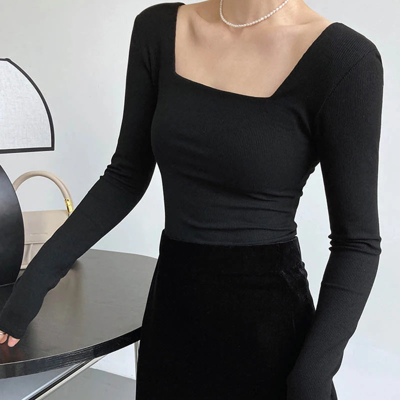 Long-sleeved square-neck t-shirt slim-fit exposed collarbone low-neck bottoming shirt Mssza