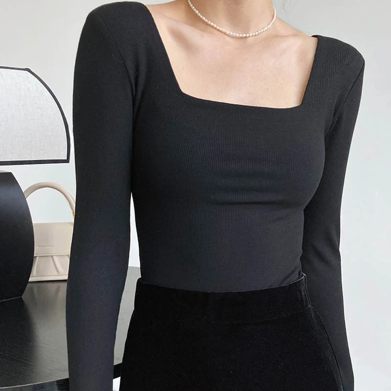 Long-sleeved square-neck t-shirt slim-fit exposed collarbone low-neck bottoming shirt Mssza