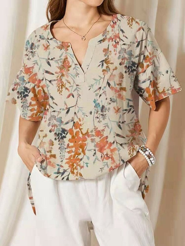 Loose Floral Print Short Sleeve V-neck Vintage T-Shirt Mssza