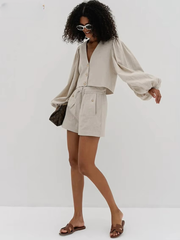 Loose Linen Long Sleeve Shirt With High Waist Shorts 2 Piece Sets Mssza