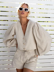 Loose Linen Long Sleeve Shirt With High Waist Shorts 2 Piece Sets Mssza